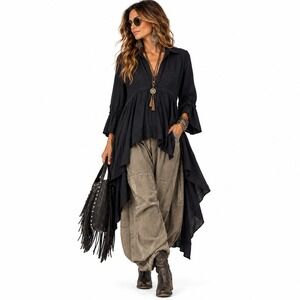 Lost In Lunar Rosie Shirt Womens L Black High Low Asymmetrical Boho Tunic